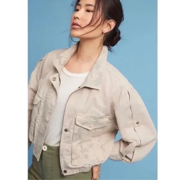 Anthropologie Hei Hei Ronan Linen Camo Utility Jacket | Cargo Cropped Style M - Picture 1 of 12